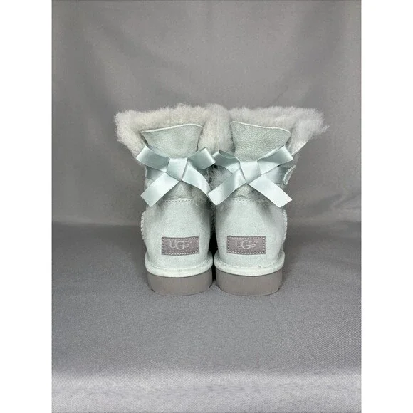 Womens Ugg Boots Sz 8 Ice Blue Bailey Bow Mini Suede Sherpa Coquette Festival - Picture 3 of 13